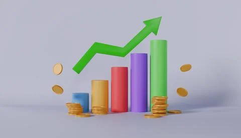 Chart bar with arrow up icon and coin money Growing bars Successful development Ilustración de archivo