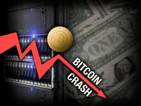 Chart bitcoin price crash on server and dollars background Stock Photos
