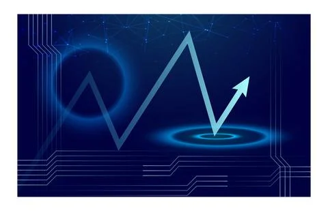 Chart blue background digital image. Upward arrow and increasing bar graph Illustrazione stock