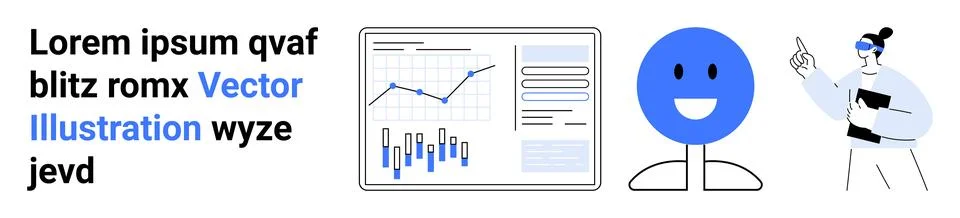 Chart with blue data visualization elements, smiling blue face, presenter wit 스톡 일러스트