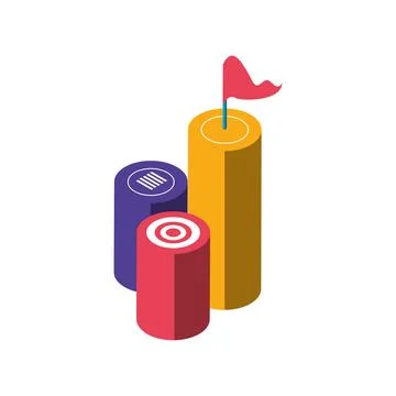 Chart business bars qith target and flag isometric icon isolated Stock Illustration