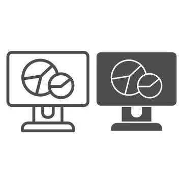 Chart on computer screen line and glyph icon. Circle graph on monitor vector Stock Illustration
