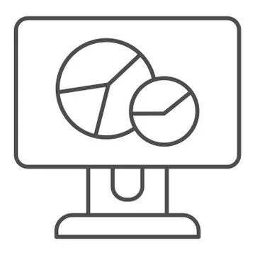 Chart on computer screen thin line icon. Circle graph on monitor vector Stock Illustration