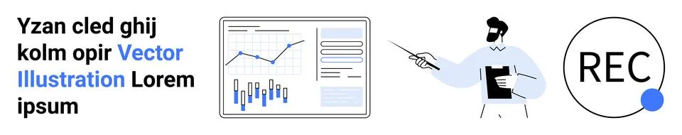 Chart with data points and trends analysis. Male presenter with pointer and c Stock Illustration