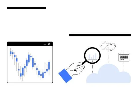 Chart with data trends, magnifying glass focusing on a graph, cloud with puzz Stock Illustration