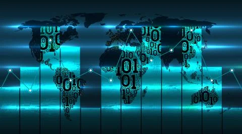 Chart diagram of digital global technologies on background binary code earth map Stock Illustration