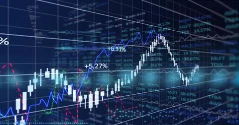 Chart displaying candlestick bars and line graphs in trading dashboard, with Stock Illustration