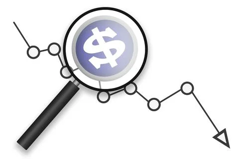 Chart with down arrow and dollar symbol under magnifying glass Stock Illustration