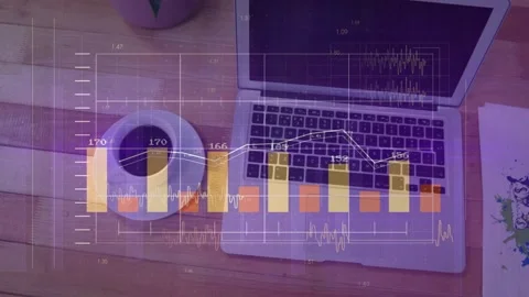 Chart fading in over desk, overlay animating bars and line above laptop and cup, 動画素材 329832656