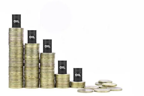Chart of the fall in world oil prices, columns of metal coins with a barrel o Stock Photos