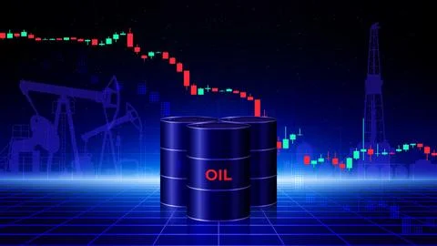 Chart of falling oil prices per barrel. Crude oil barrels. Global energy markets Stock Illustration