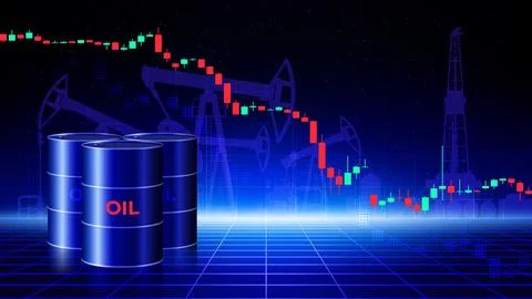 Chart of falling oil prices per barrel. Crude oil barrels on dark background Stock Illustration