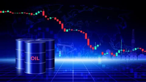 Chart of falling oil prices per barrel. Crude oil barrels on dark background Stock Illustration