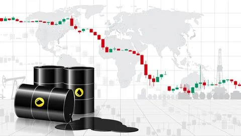 Chart of falling oil prices per barrel. Barrels, puddle of spilled crude oil map Stock Illustration