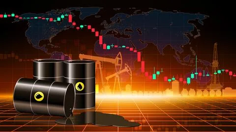 Chart of falling oil prices barrel. Crude oil barrels on dark abstract desert Stock Illustration
