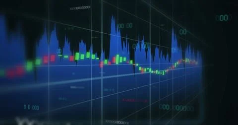 Chart featuring green and red candlesticks and blue histogram on 3D grid in 스톡 사진