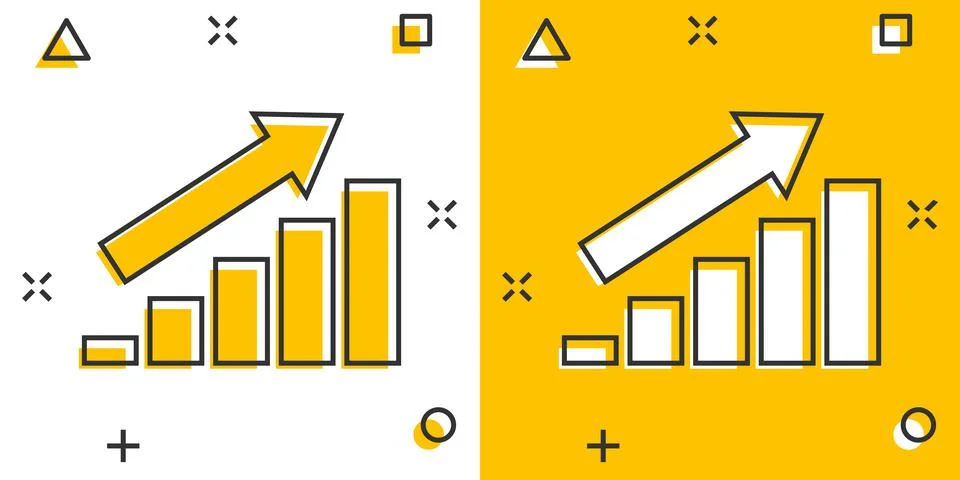 Chart graph icon in comic style. Arrow grow cartoon vector illustration on wh Stock Illustration