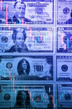 Chart graph spreadsheet on US dollar banknotes money. Stock Photos