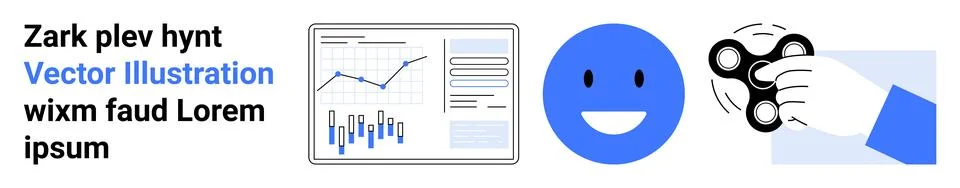 Chart with graphical data, happy face in blue circle, hand holding fidget spi 스톡 일러스트