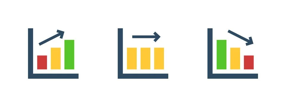 Chart icon. Colorful bar graph with upward, stable and downward arrows vect.. Ilustración de archivo