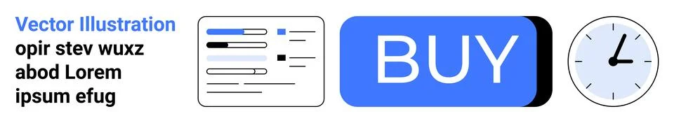 Chart inserts, large blue BUY button, and clock icon. Ideal for web design, i 库存插图