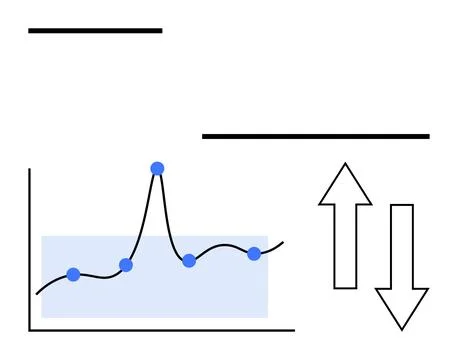 Chart with line graph data points adjacent directional arrows. Ideal for data Illustrazione stock