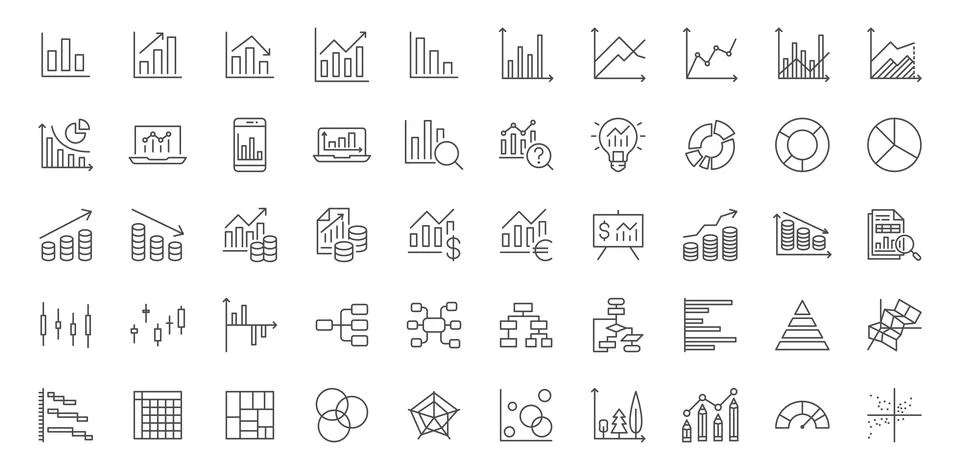 Chart line icons set. Graph, finance report, income growth, economy statistic Stock Illustration
