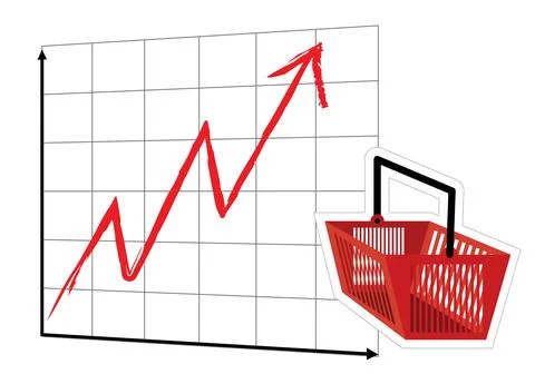 Chart or graph with growth, red shopping basket Stock Illustration