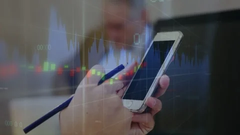 Chart overlay appearing, hand holding phone tapping, tracing and rotating for Stock Footage 335281829