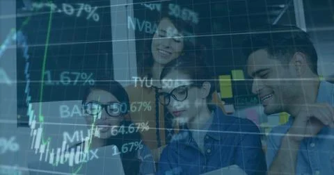 Chart overlay appearing, team gathering around laptop and tablet, pointing and Stock Photos