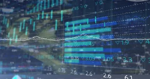 Chart overlay displaying candlestick bars, bar graphs and numeric data points on 스톡 사진
