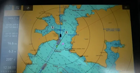 Chart-plotter display with electronic marine navigation charts, tilt up to crew Stock Footage 126668005