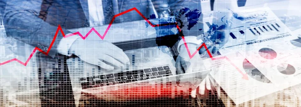Chart with red down arrow on abstract background. Falling growth in business Stock Photos