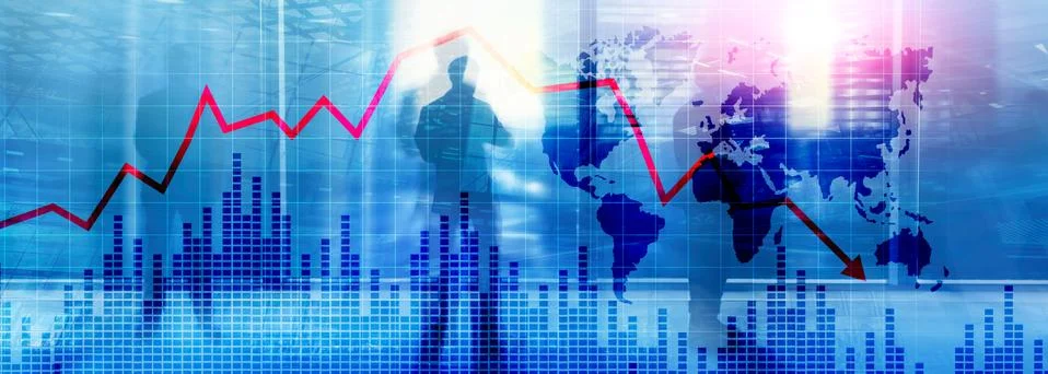 Chart with red down arrow on abstract background. Falling growth in business Stock Photos