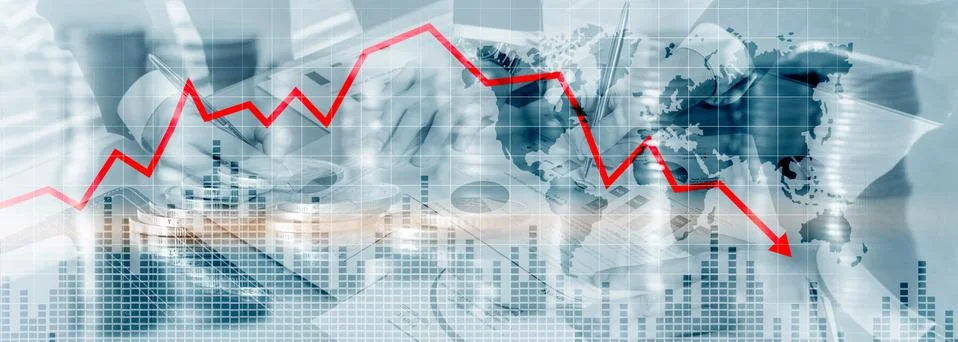 Chart with red down arrow on abstract background. Falling growth in business Stock Photos