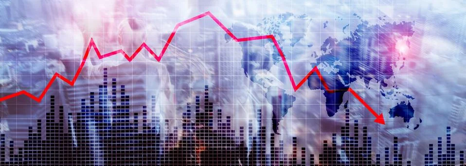 Chart with red down arrow on abstract background. Falling growth in business Stock Photos