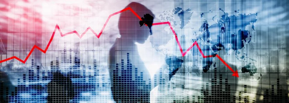 Chart with red down arrow on abstract background. Falling growth in Stock Photos