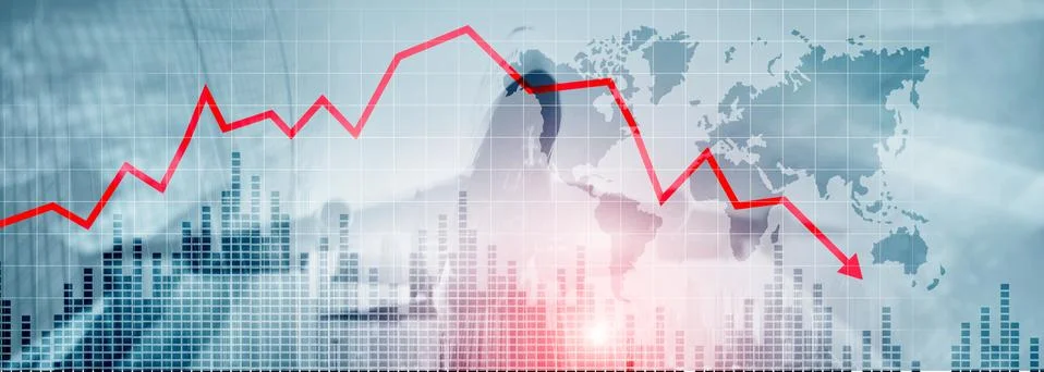 Chart with red down arrow on abstract background. Falling growth in business Stock Photos