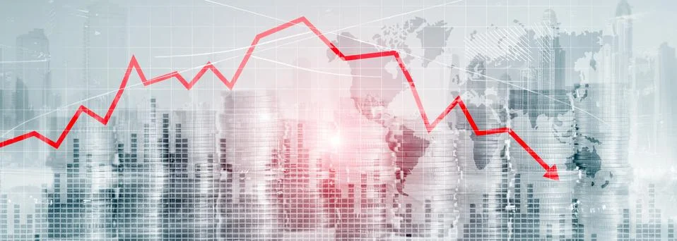 Chart with red down arrow on abstract background. Falling growth in business Stock Photos