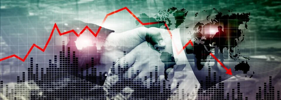 Chart with red down arrow on abstract background. Falling growth in business Stock Photos