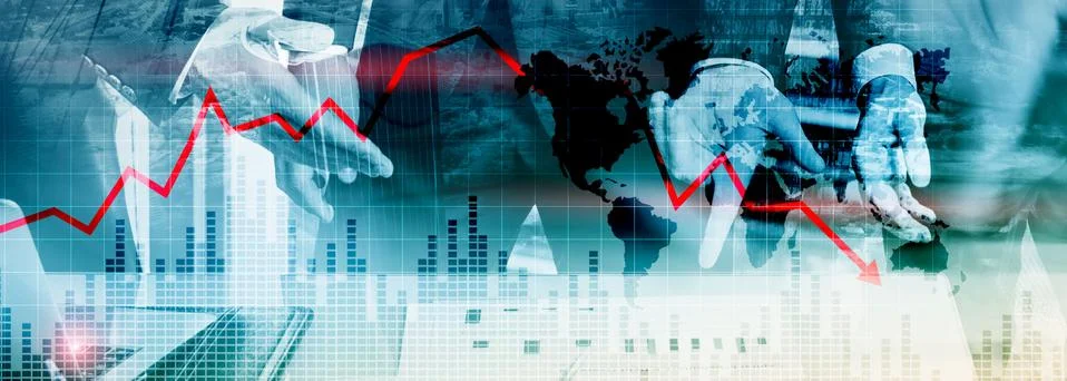 Chart with red down arrow on abstract background. Falling growth in business Stock Photos