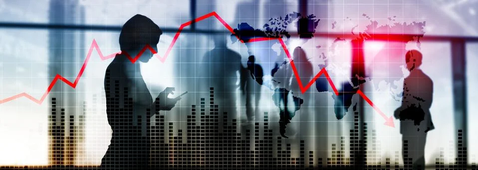 Chart with red down arrow on abstract background. Falling growth in business Stock Photos