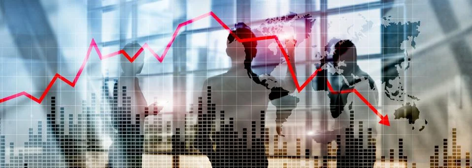 Chart with red down arrow on abstract background. Falling growth in business Stock Photos