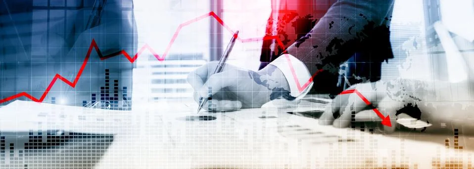 Chart with red down arrow on abstract background. Falling growth in business Stock Photos