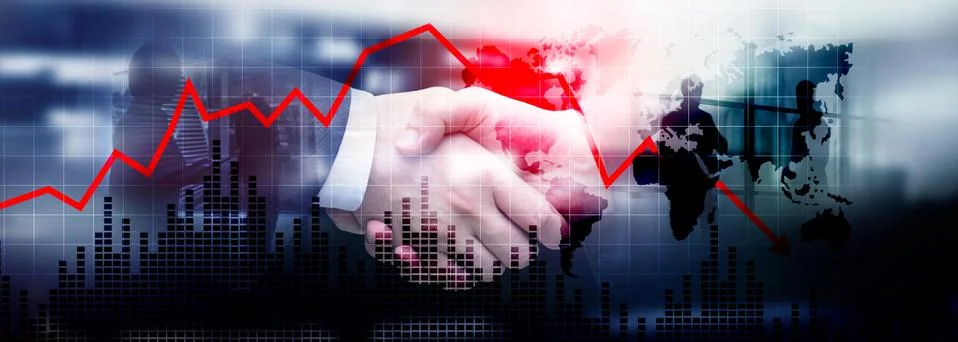 Chart with red down arrow on abstract background. Falling growth in business Stock Photos