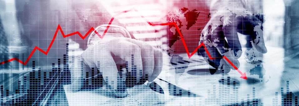 Chart with red down arrow on abstract background. Falling growth in business Stock Photos