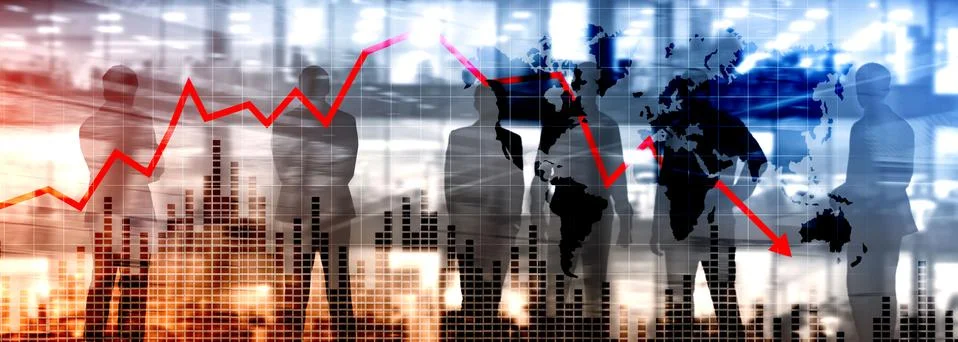 Chart with red down arrow on abstract background. Falling growth in busines Stock Photos