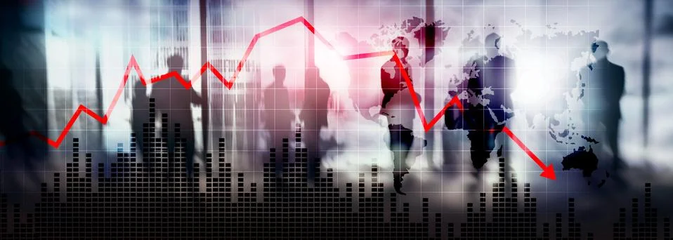 Chart with red down arrow on abstract background. Falling growth in business Stock Photos
