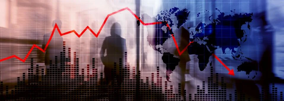 Chart with red down arrow on abstract background. Falling growth in business Stock Photos