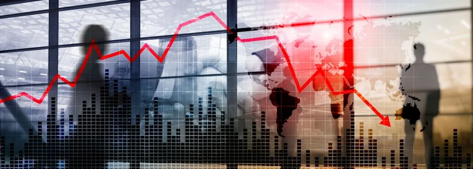 Chart with red down arrow on abstract background. Falling growth in busines Stock Photos